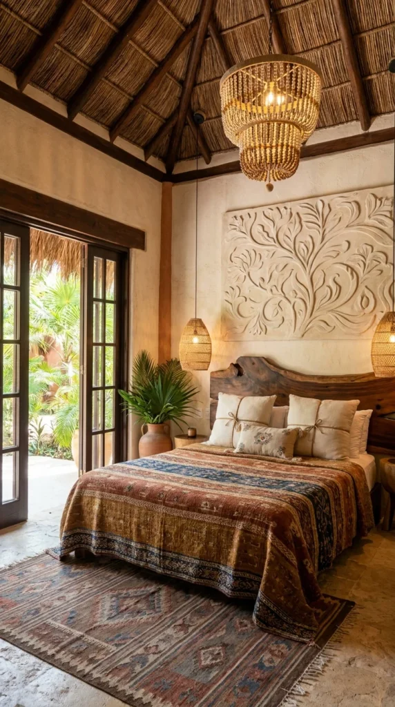 Tropical rustic bedroom with a thatched palapa roof and carved plaster wall 