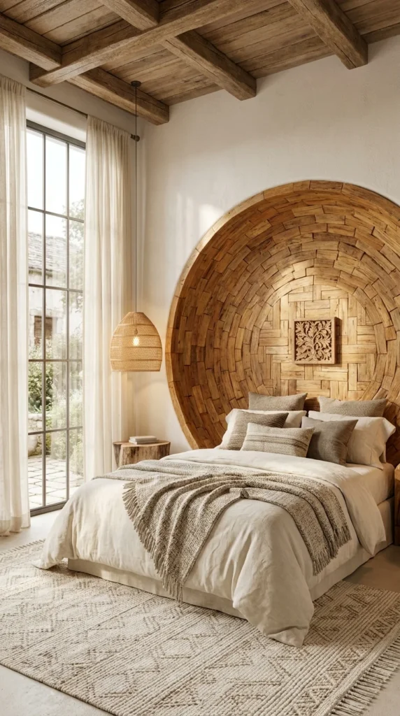 Rustic bedroom with a large circular wood block mosaic headboard