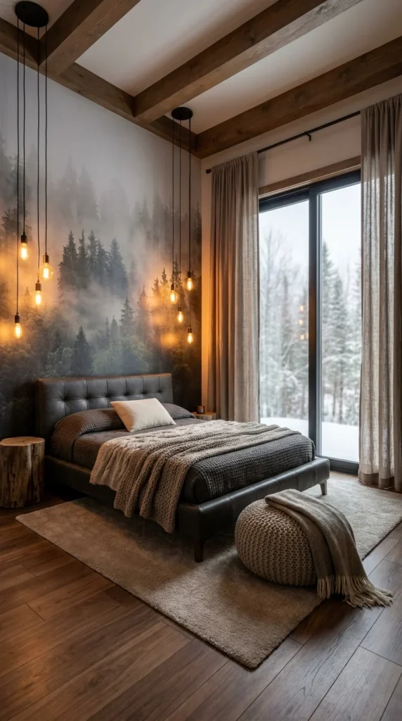Moody rustic bedroom with a forest mural wall and hanging Edison bulb cluster 