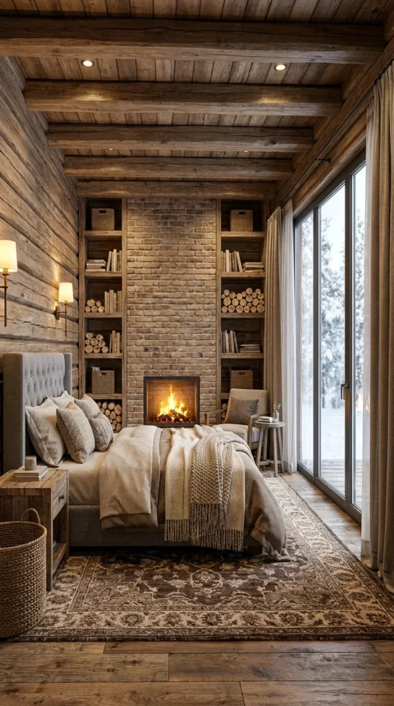Cozy cabin bedroom with a brick fireplace flanked by built-in wood shelving