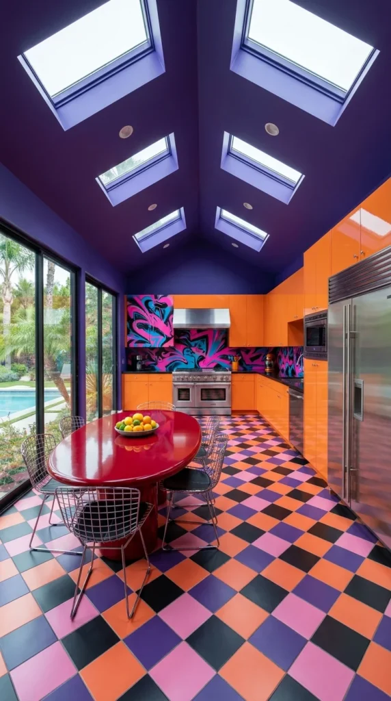 Funky kitchen with a violet skylight ceiling and orange checkerboard floor