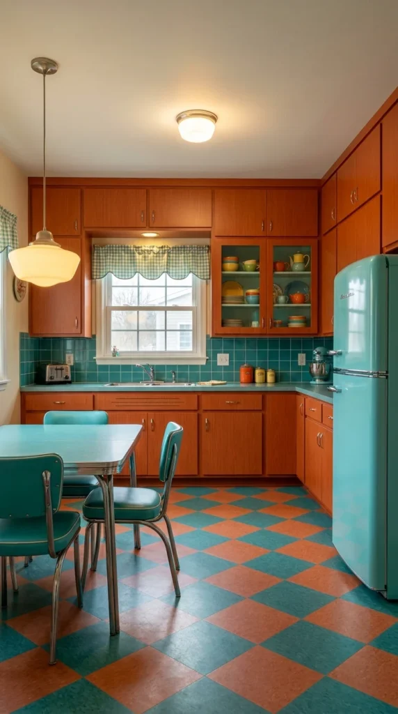 Retro 1950s kitchen with teal tile backsplash and matching teal refrigerator
