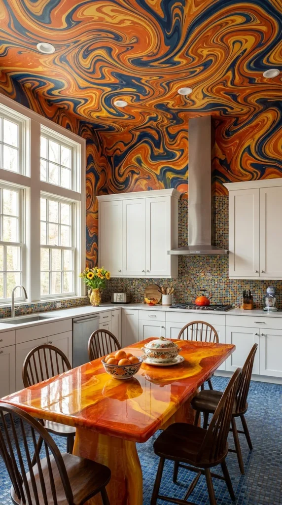 Kitchen with a hand-painted marbled orange and blue swirl ceiling