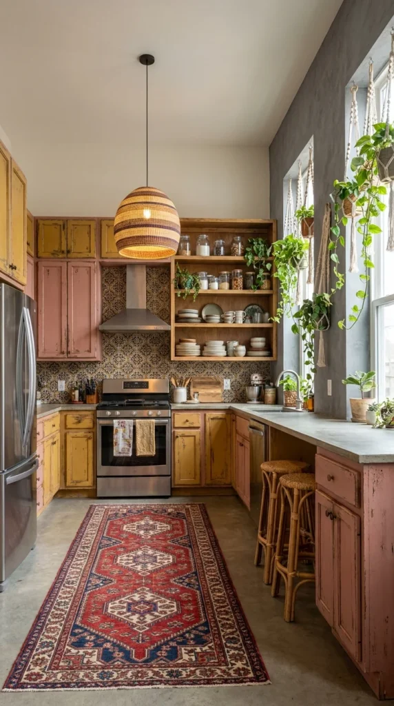 Boho funky kitchen with distressed yellow and pink cabinets and patterned tile