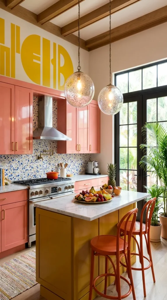Pink and mustard kitchen with a bold oversized yellow typography mural