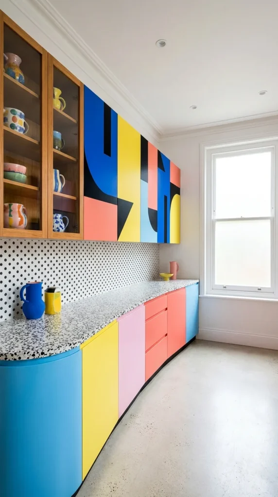 Kitchen with abstract geometric mural cabinets in blue, coral, and yellow
