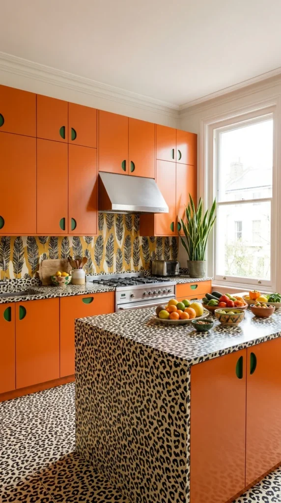 Funky orange kitchen with leopard print countertops and island