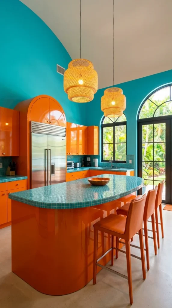Kitchen with a curved teal ceiling and glossy orange cabinetry and island