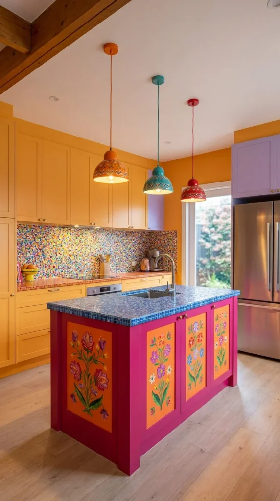 Colorful kitchen with a hand-painted floral island and three mismatched pendant lights