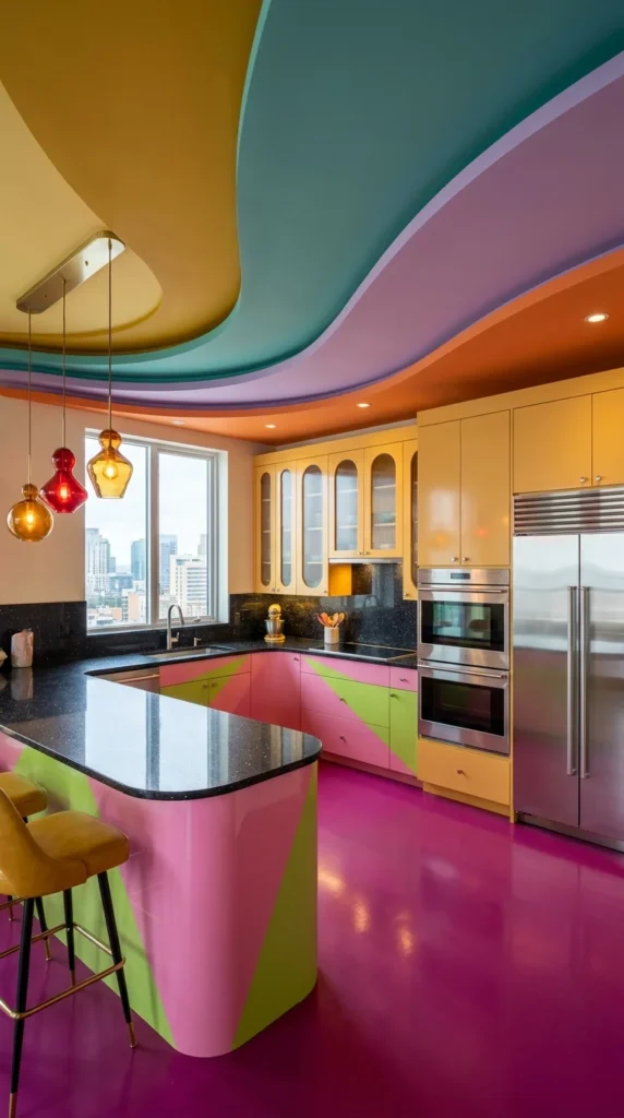 Kitchen with a sculptural curved multicolor ceiling and glossy magenta floor