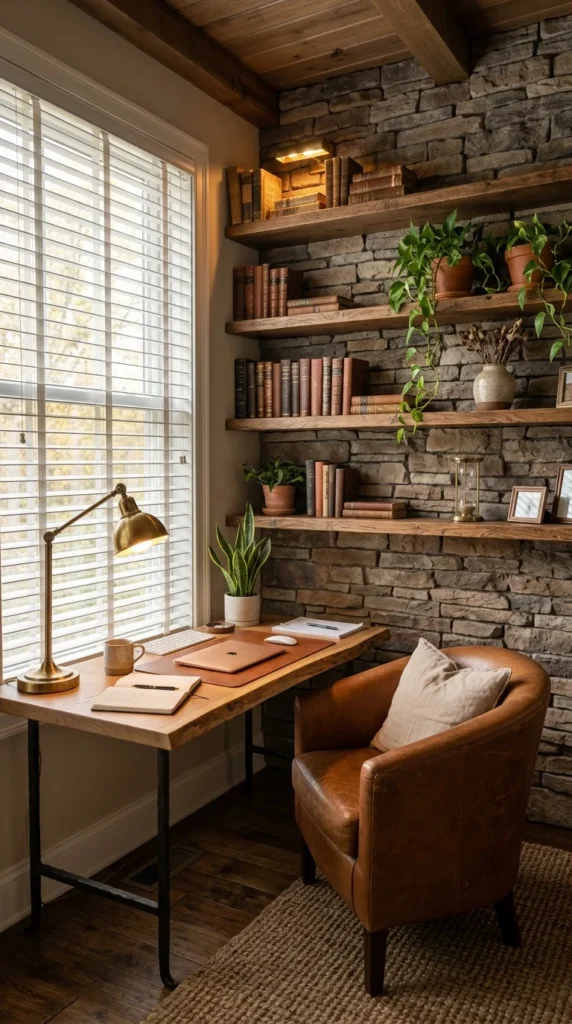 Rustic home office with stacked stone wall and live-edge wood desk