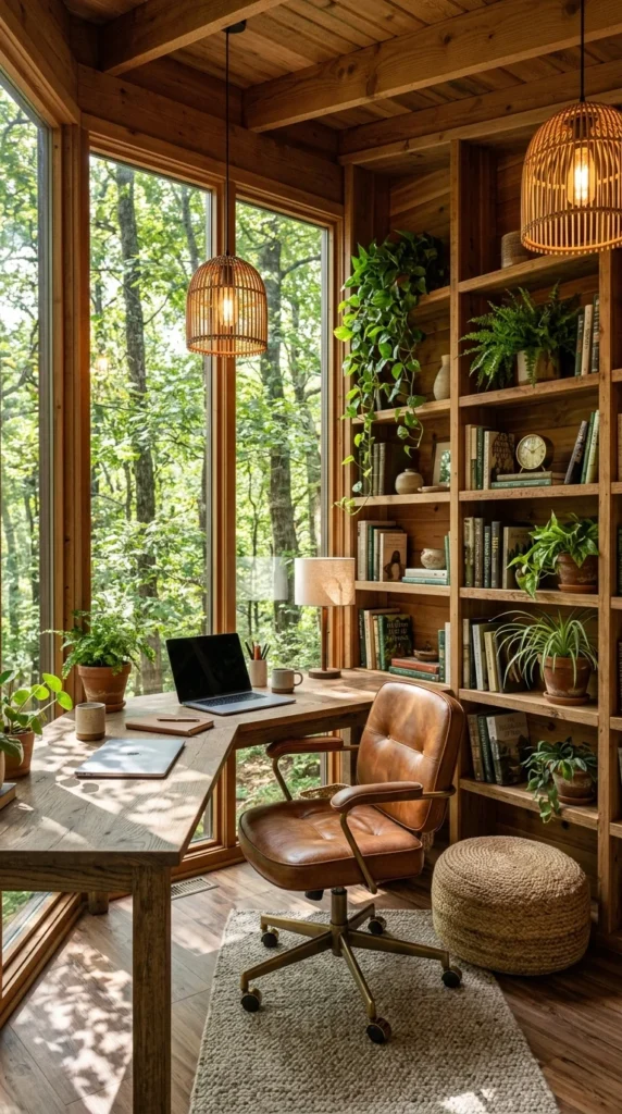 Rustic home office desk surrounded by floor-to-ceiling forest-view windows