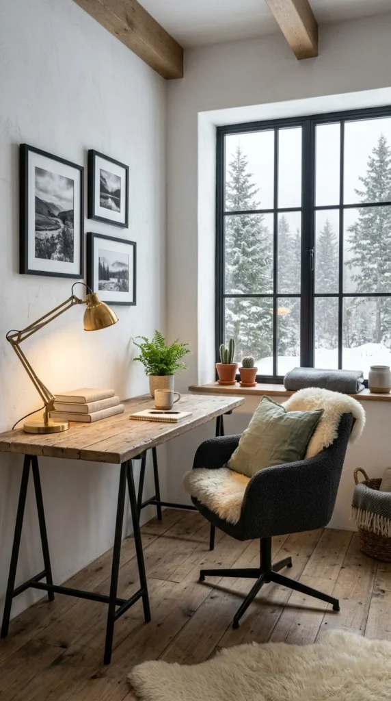 Scandinavian rustic office corner with boucle chair and sheepskin throw