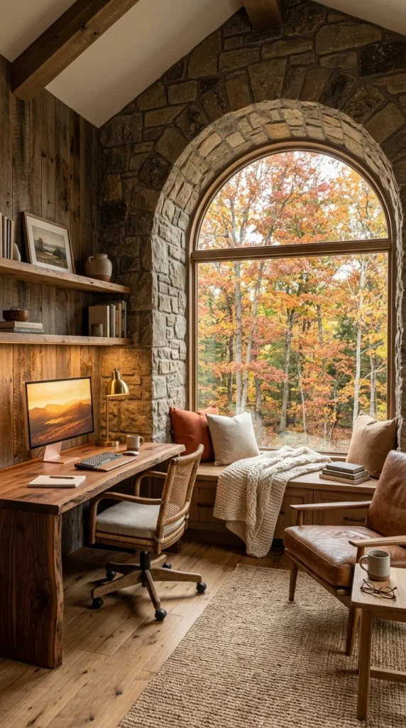 Rustic home office with arched stone window overlooking autumn trees