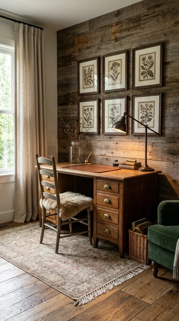 Rustic modern office with stacked log wall and floor-to-ceiling windows