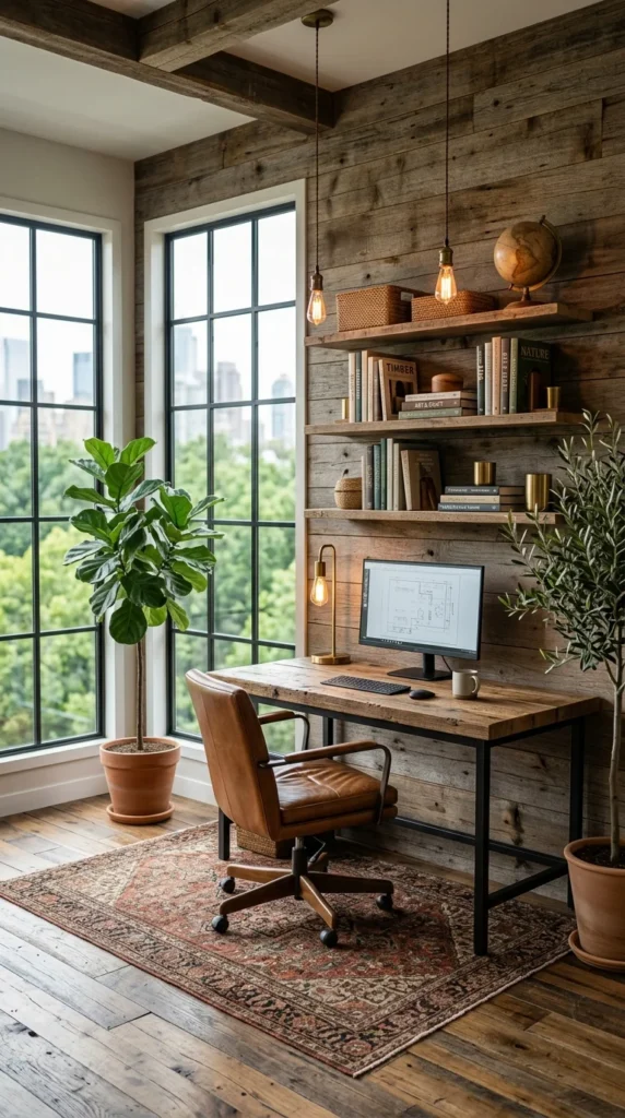 Rustic modern office with stacked log wall and floor-to-ceiling windows