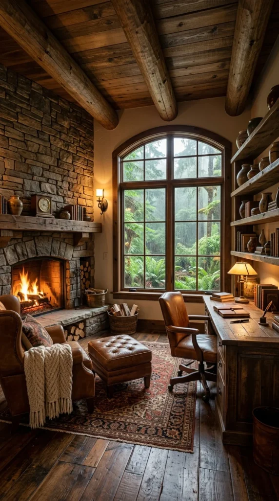 Rustic home office library with floor-to-ceiling walnut built-in shelving