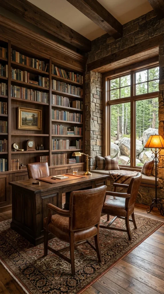 Rustic home office library with floor-to-ceiling walnut built-in shelving