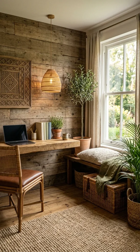 Boho rustic home office with warm wood walls and rattan pendant light