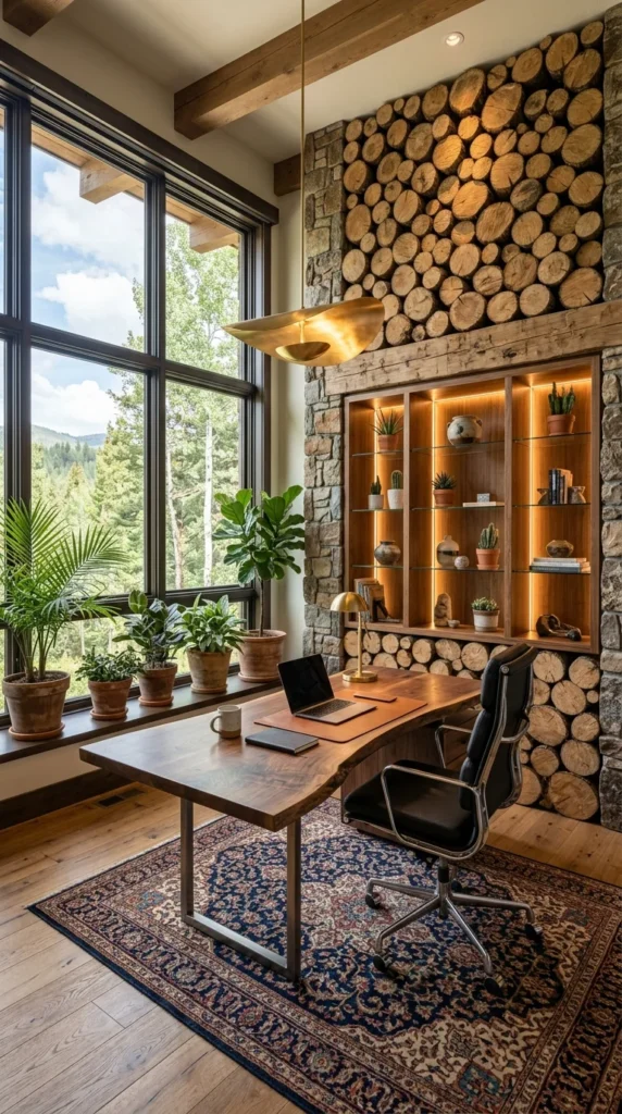 Rustic office with walnut desk, log wall, and layered brass lighting