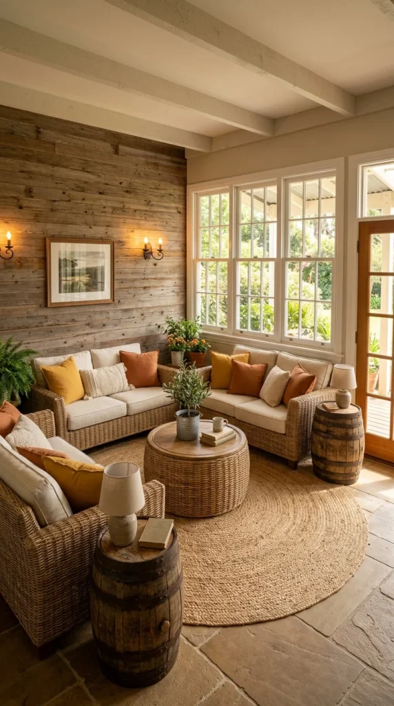 Country sunroom with reclaimed wood wall, rattan sofas, and whiskey barrel side tables 