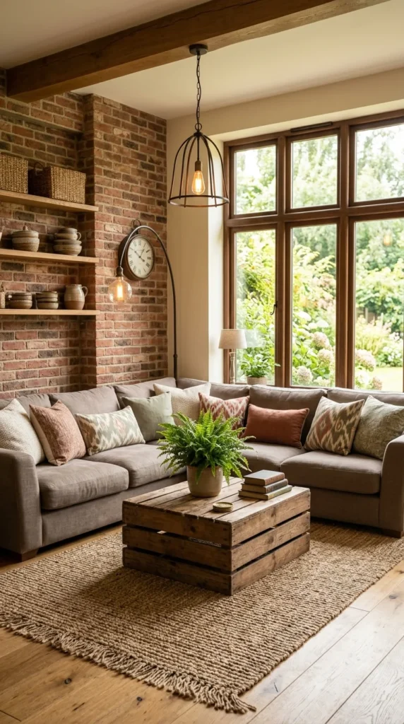 Exposed brick living room with grey linen sectional and ikat throw pillows 