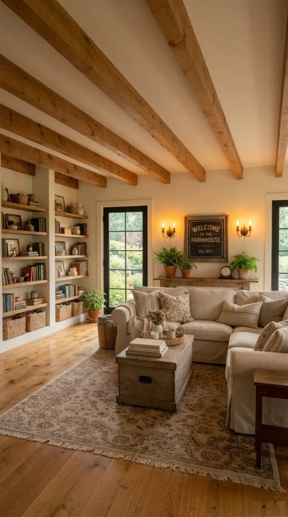  Farmhouse living room with cream slipcovered sofa and built-in wood shelving 