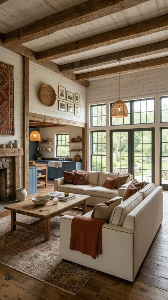  Open-concept farmhouse living room with exposed beams and adjoining blue kitchen 