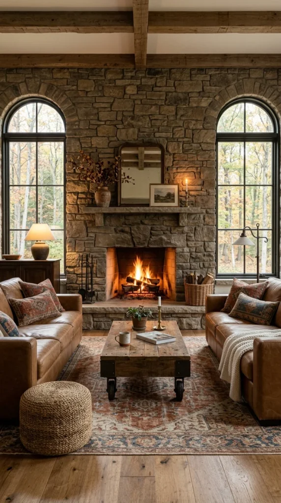 Rustic stone fireplace wall with cognac leather sofas and arched windows 
