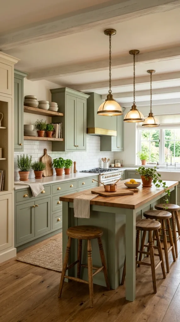 Sage green farmhouse kitchen with clustered brass pendant lights over a butcher block island