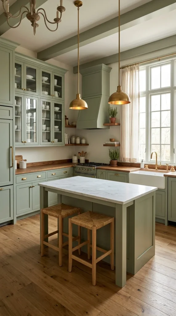 Sage green kitchen with walnut butcher block counters and white marble island top