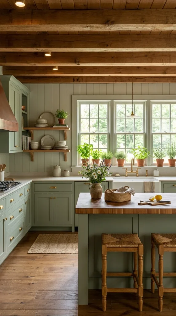 Farmhouse kitchen with sage cabinetry, copper range hood, and windowsill herb garden