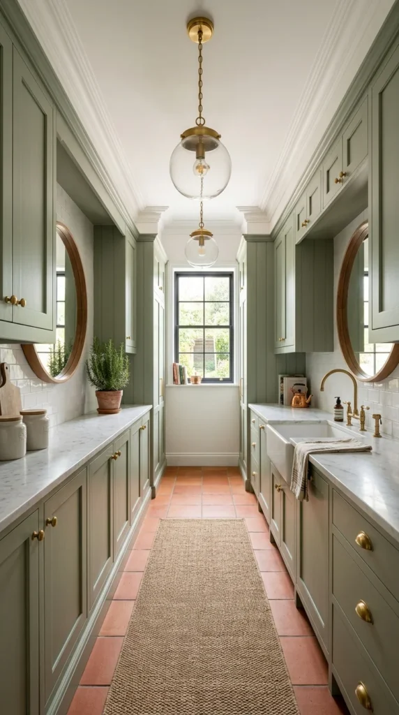 Narrow sage green butler's pantry with mirrored cabinetry and terracotta tile floor