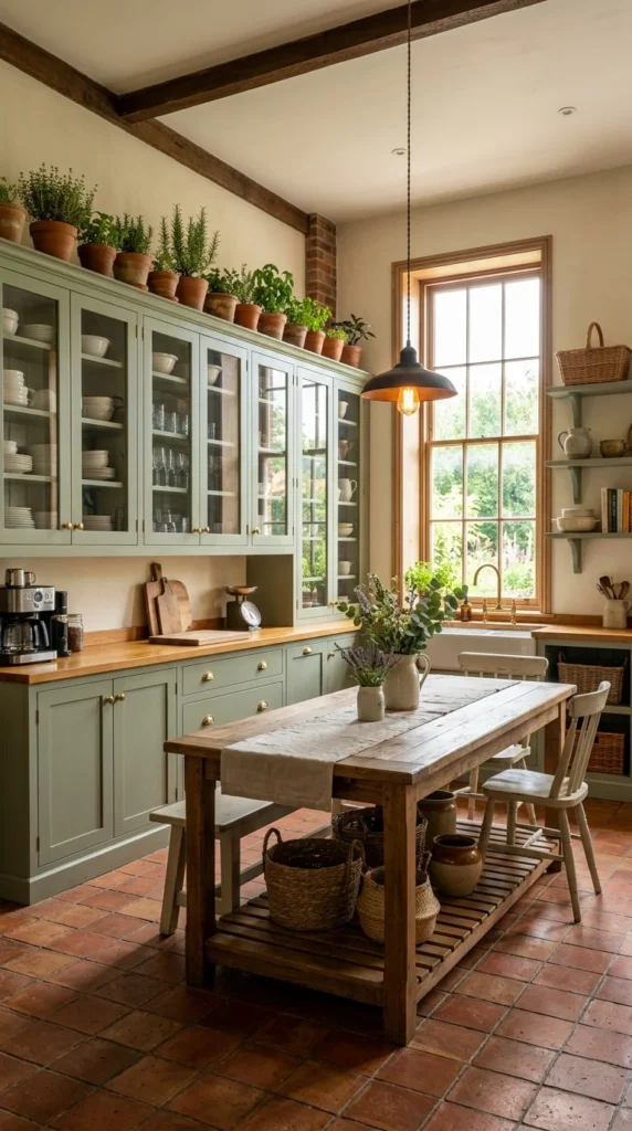 Sage green kitchen with potted plants lining the tops of glass-front cabinets