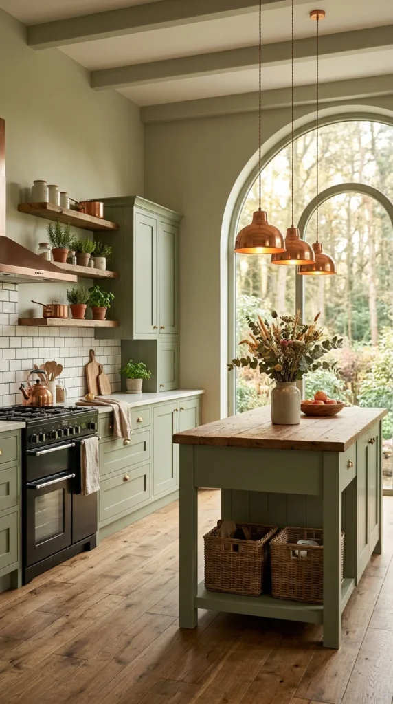 Sage green kitchen with copper pendant lights, copper range hood, and arched window