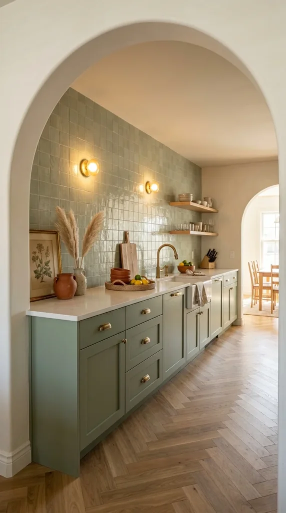Sage green kitchen backsplash framed by an arched opening with zellige tile