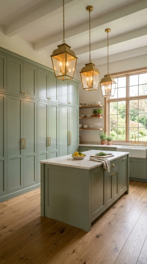 Sage green kitchen with floor-to-ceiling cabinetry and brass lantern pendant lights