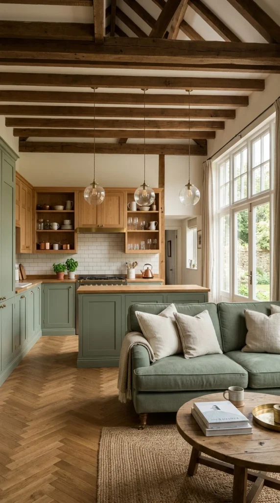 Open-concept sage green kitchen and living room with exposed wood ceiling beams