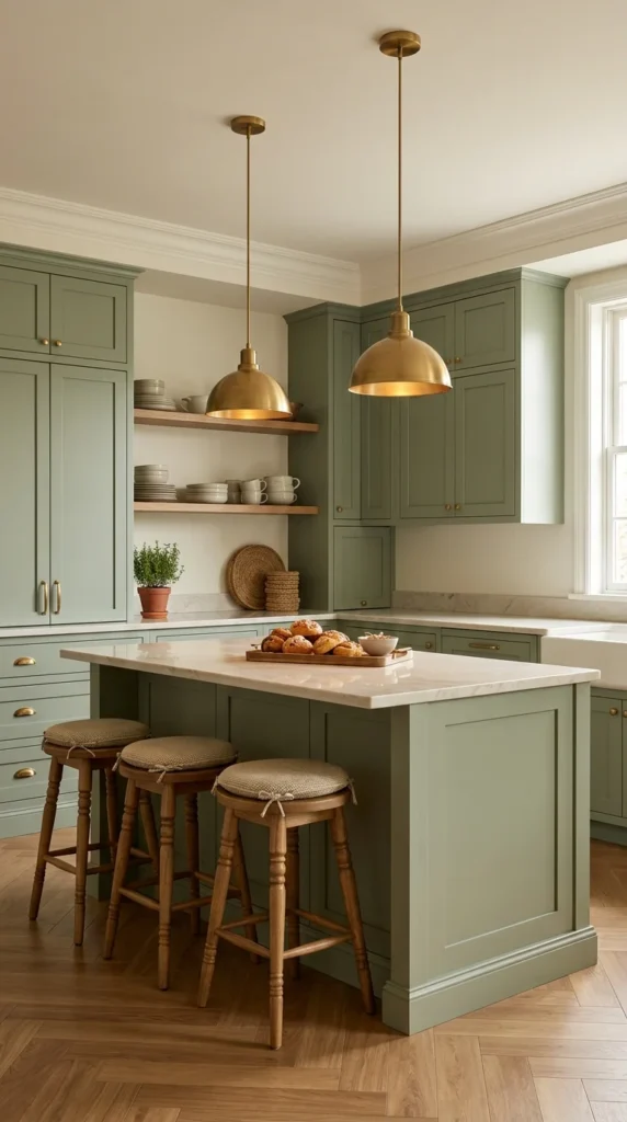 Sage green kitchen island with turned wood leg stools and brass dome pendant lights