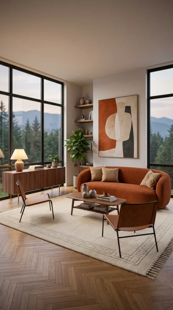 Mid-century apartment living room with floor-to-ceiling windows and rust sofa