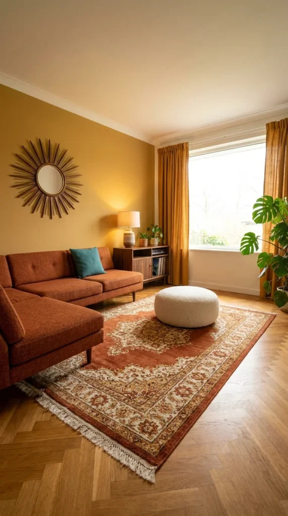 Mustard yellow living room wall with sunburst mirror and orange sofa