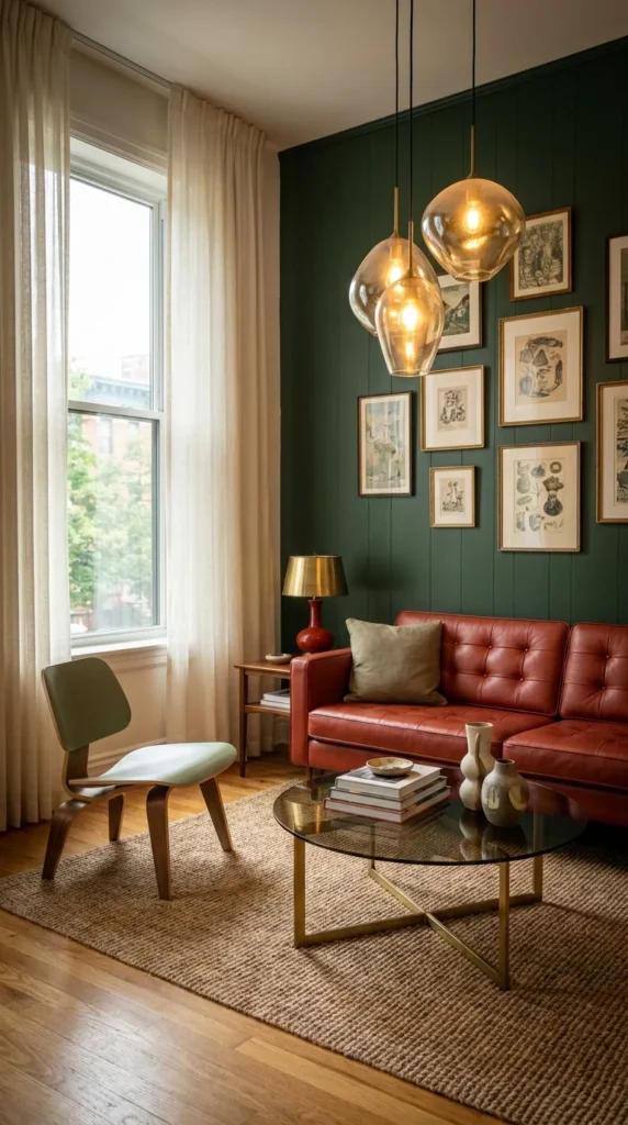 Green shiplap wall with framed art gallery and glass pendant light cluster