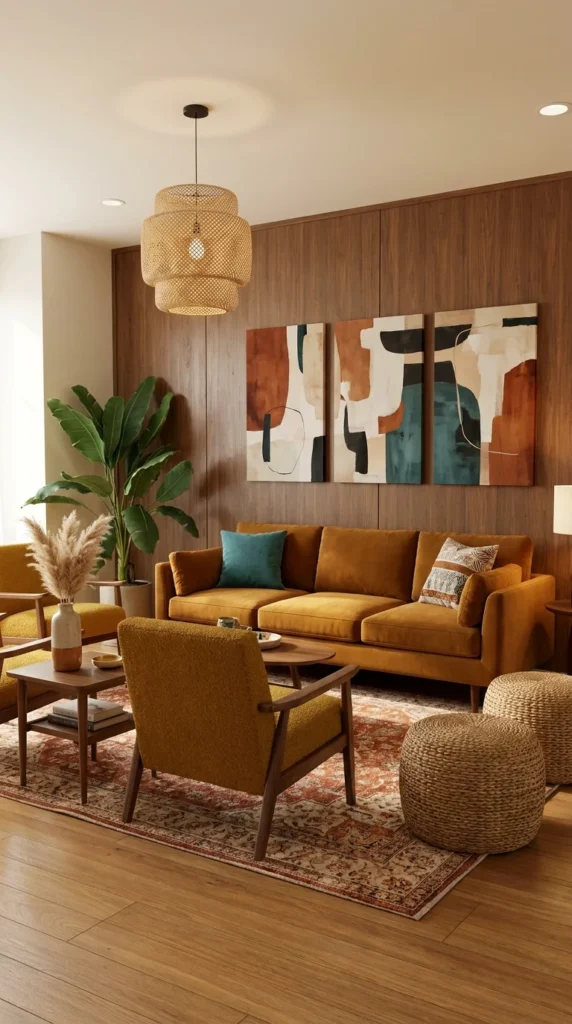 Wood-paneled living room with rattan pendant light and mustard velvet sofa