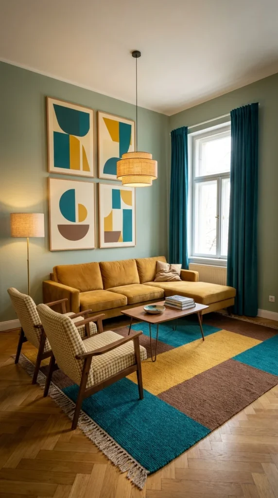 Sage green living room with color-block rug matching geometric wall art
