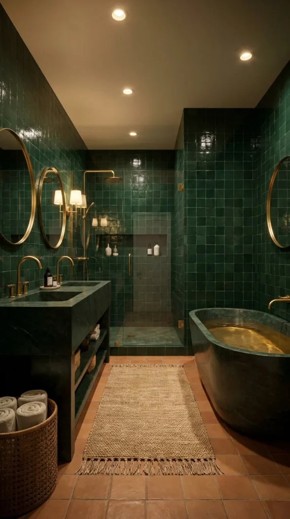 Dark green zellige tile bathroom with brass-lined soaking tub and gold light 