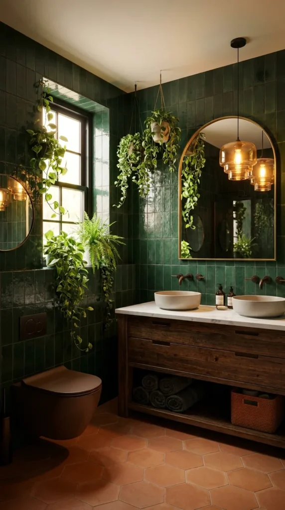  Green tile bathroom with hanging pothos plants over dual vessel sinks 