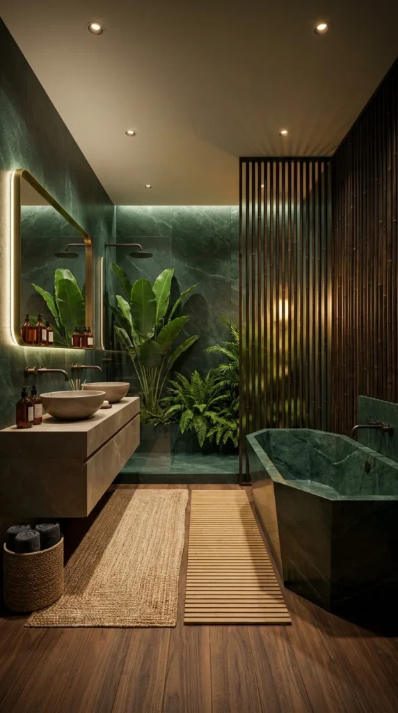 A slatted wood partition lets light and steam pass while still marking a clear boundary. Title: Wood Slat Zoned Green Bathroom