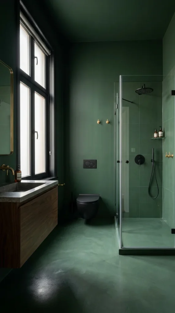  Matte sage green bathroom with polished concrete floor and black fixtures 