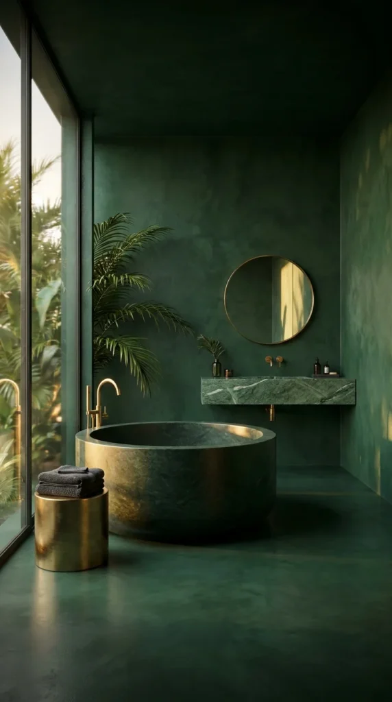  Monochrome forest green plaster bathroom with round brass freestanding tub 