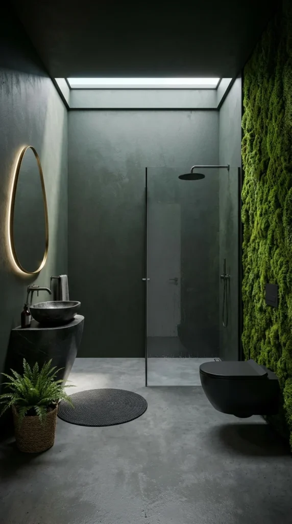 ark bathroom with living moss accent wall lit by a single overhead skylight